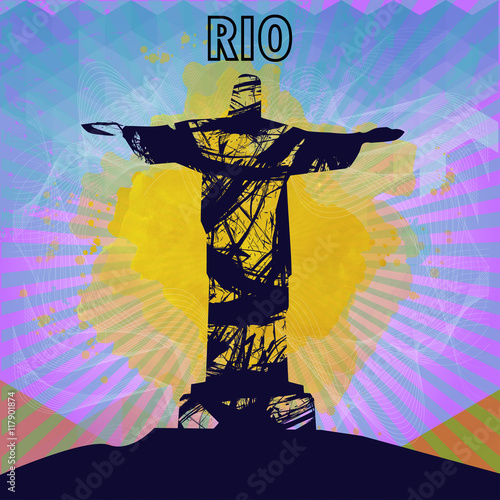 Abstract rio design in outlines with statue over colored background. Digital vector image