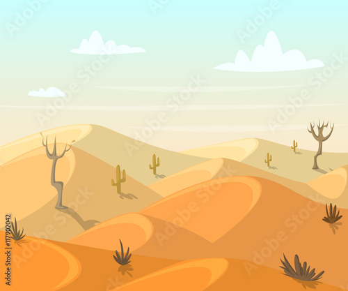 Desert landscape with cactuses and trees. Vector illustration in cartoon style
