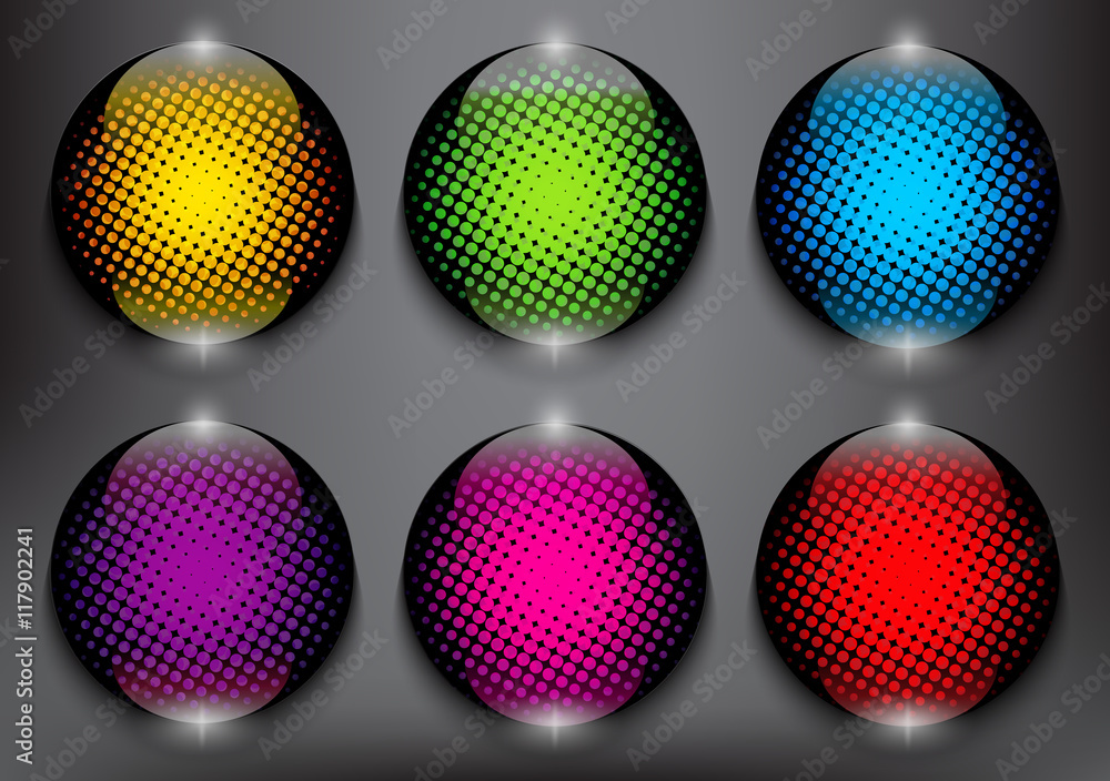 Abstract vector web buttons set of 6. Colorful and glossy on the black panel. Vector illustration. Eps10.