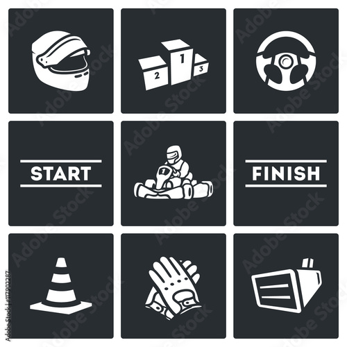 Vector Set of Karting Icons. Helmet, Pedestal, Steering wheel, Start, Kart, Driver, Finish, Delimiter, Gloves, Screen.