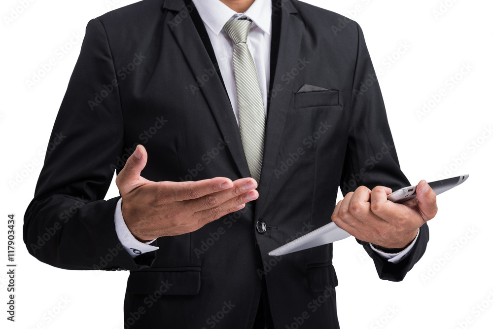 Yong businessman holding digital tablet computer showing screen Yong businessman holding digital tablet computer showing screen