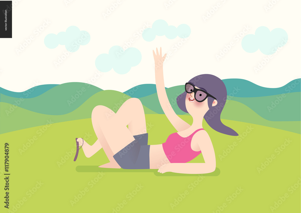 Waving girl on green landscape background - a girl wearing sun glasses, magents top and grey shirts waves lying down on grass with hills landscape and light yellow sky on the background