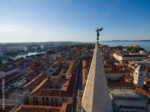 Aerial view of angel on top St Anastasia cathedralin Zadar. photo