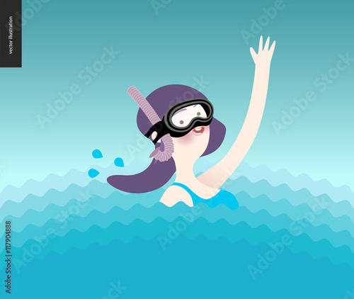 Waving girl in diving mask in the water - a waving scuba diver girl wearing diving mask, snorkel and blue swimming suit coming up from the sea waves
