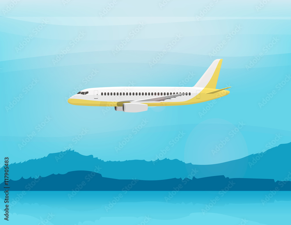 Fototapeta premium Airplane flies in the sky. Side view. Cartoon vector illustration
