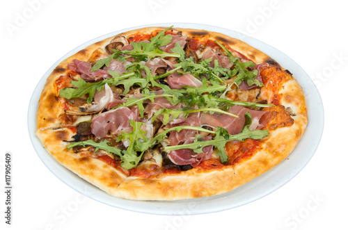 Pizza on a white background with tomato sauce, bacon and mushrooms.