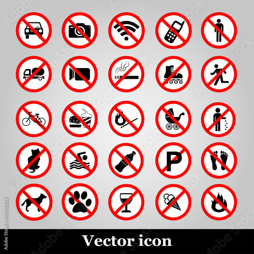 Set ban icons Prohibited symbols red circle signs on grey background