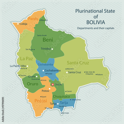 Vector illustration of administrative map of Bolivia. Capital of country, departments and big cities. Flat design, clean look
