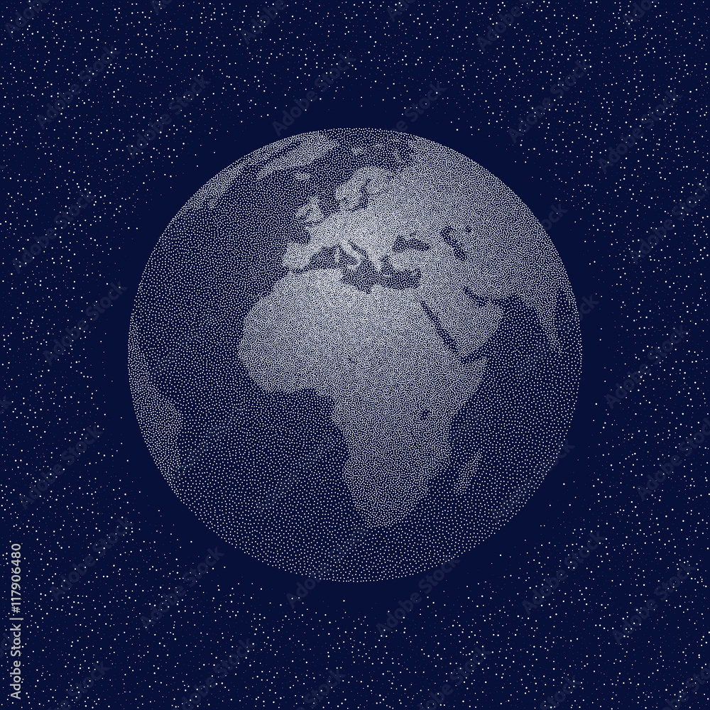 Vector stippled globe. Views of Africa. Dark edition