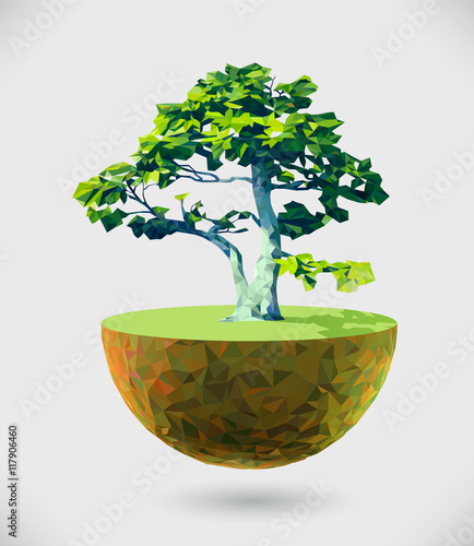 Vector low poly island illustration with tree.