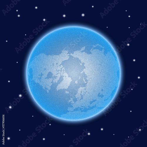 Vector stippled world stylized globe with atmosphere.North Pole
