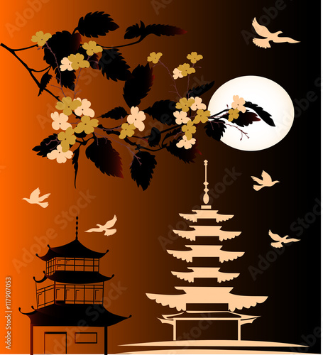 tree branch with bird and pagoda