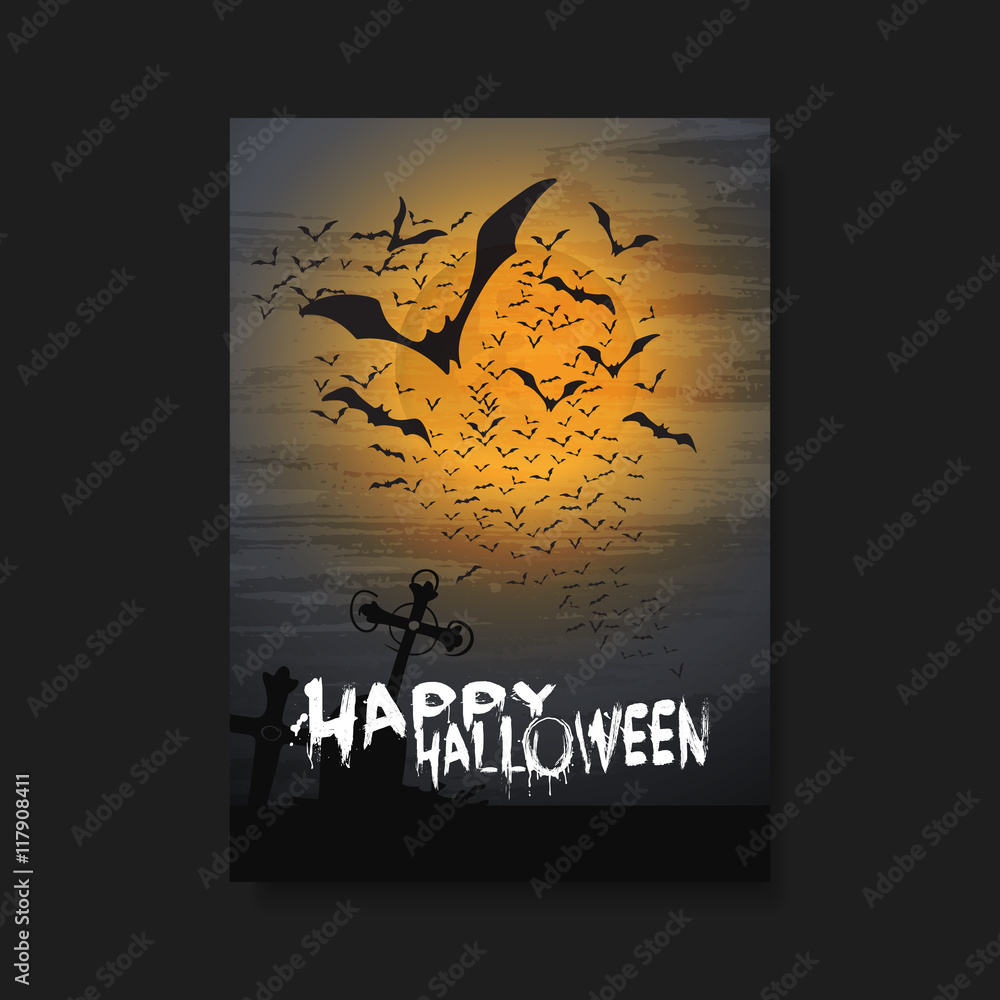 Happy Halloween Card, Flyer or Cover Template - Flying Bats Over the Cemetery in the Fog - Vector Illustration