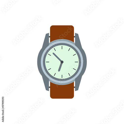 Wrist watch with brown leather strap icon in flat style on a white background