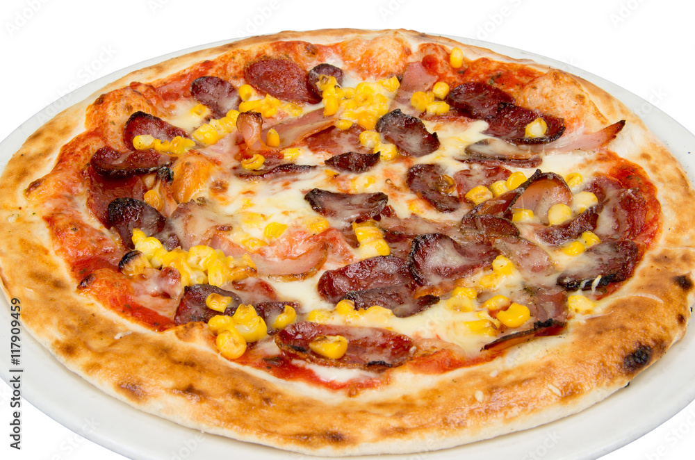 Pizza on a white background with tomato sauce, cheese, sausage, tenderloin and corn.