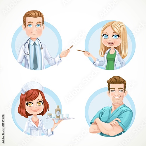 Round avatars portraits of doctors and nurse isolated on white b