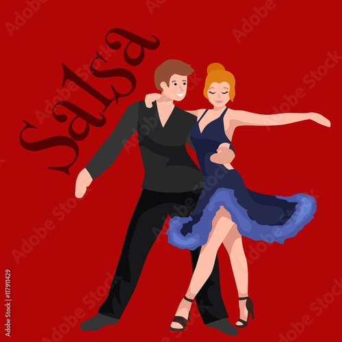 Happy Salsa dancers couple isolated on white icon pictogram, man and woman in dress dancing salsa with passion, people dancing ballroom vector illustration, young girl dancer salsa to the music