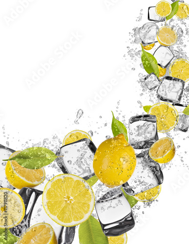Lemon in water splash on white background