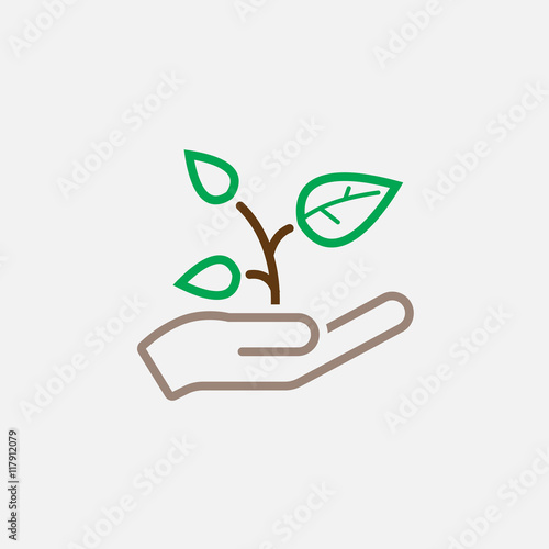plant in a hand line icon, outline vector logo illustration, linear pictogram isolated on white