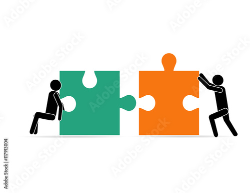 Solution to the problem together. business success concept, People move pieces of jigsaw puzzle for assembling success text cartoon vector illustration