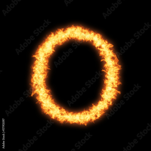 Lower case letter o with fire on black background- Helvetica font based