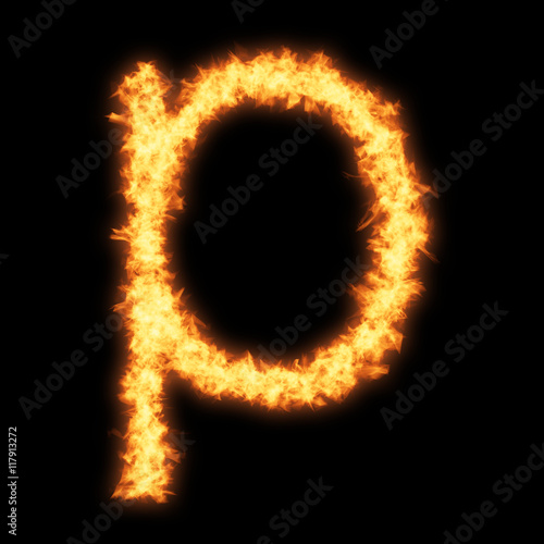 Lower case letter p with fire on black background- Helvetica font based