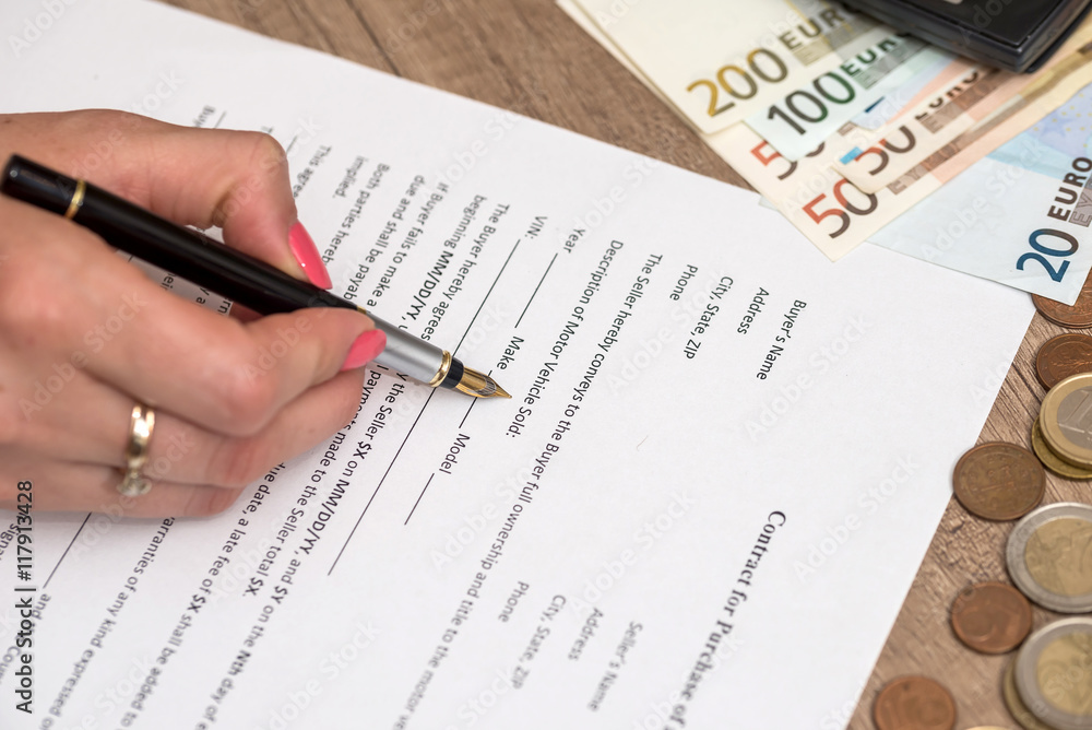 car contract form with pen, calculator and euro bills car contract form with pen, calculator and euro bills