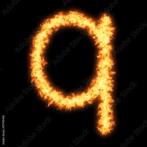 Lower case letter q with fire on black background- Helvetica font based