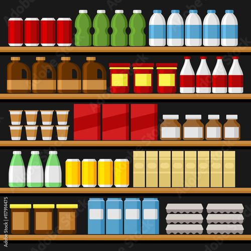 Supermarket. Shelfs Shelves with Products and Drinks. Vector