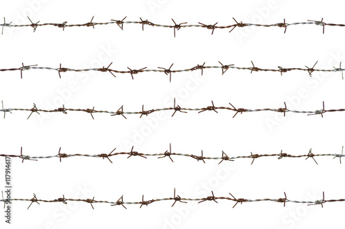 five rows of rusty barbed wire fence,isolate on white background,including clipping path