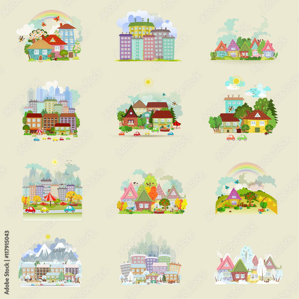 big collection of cute cityscape in different season for your de