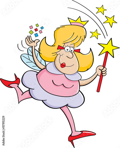 Slika na platnu Cartoon illustration of a fairy godmother waving a magic wand.