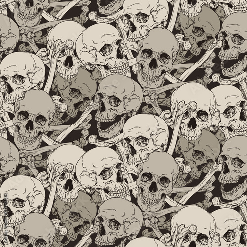 Seamless pattern with human skulls and bones illustration. Fabric design. JPG only