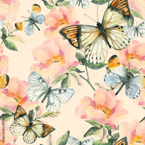 Watercolor briar flowers and butterfly seamless pattern. Dog Rose branches in vintage style © Tanya Syrytsyna