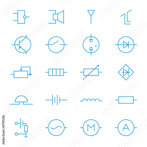 Electronic components blue line icons