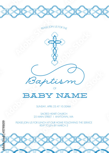 Boy's Baptism, Christening, First Holy Communion, Confirmation Invitation with Cross Design - Vector 