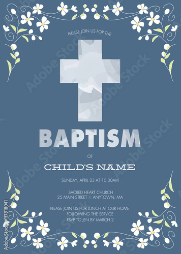 Blue Boy's Baptism, Christening, First Communion, Confirmation Invitation with Cross Design 