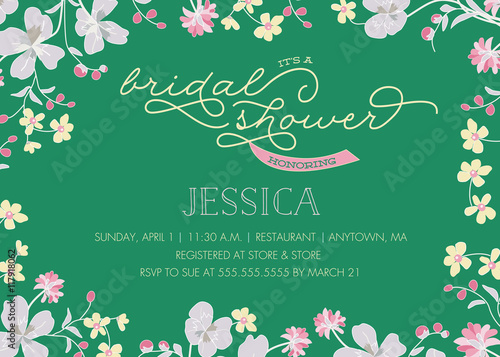 Bridal Shower Invitation Template with Green Background and Pink and Yellow Abstract Flowers - Vector