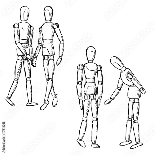 Wooden mannequin art figurines in pairs