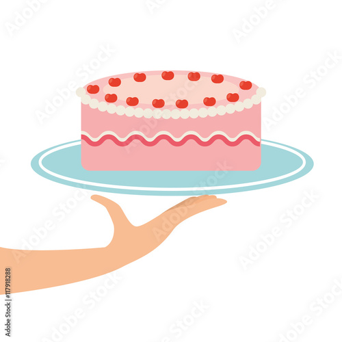 hand holding a tray of Strawberry cake