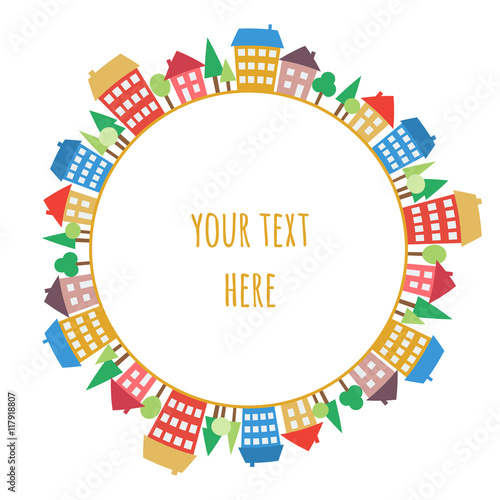 Colored houses doodles on circle, seamless pattern