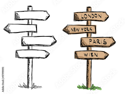Set of doodle wooden sign boards with cities.