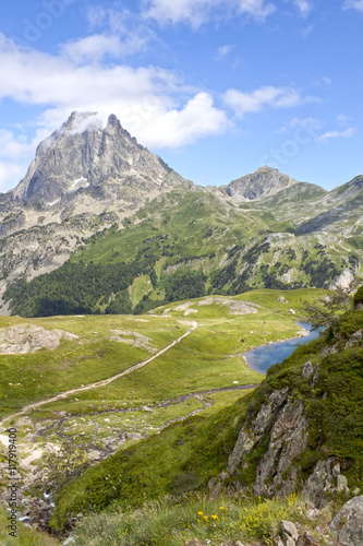 Midi d'Ossau peak from another peak in Ayous lakes in Pyrenees, France