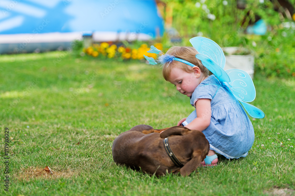 The beautiful fairy girl plays with a dog on grass The beautiful fairy girl plays with a dog on grass