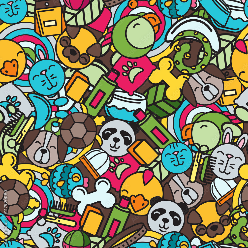 Vector seamless pattern with flat pets icons. Goods for animals. Design for pet shop, pets care, grooming or veterinary. Multicolor trendy background for textile print or wrapping.