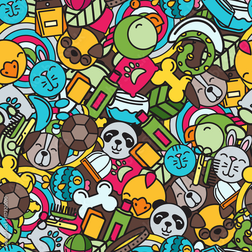 Vector seamless pattern with flat pets icons. Goods for animals. Design for pet shop, pets care, grooming or veterinary. Multicolor trendy background for textile print or wrapping. © Betelgejze
