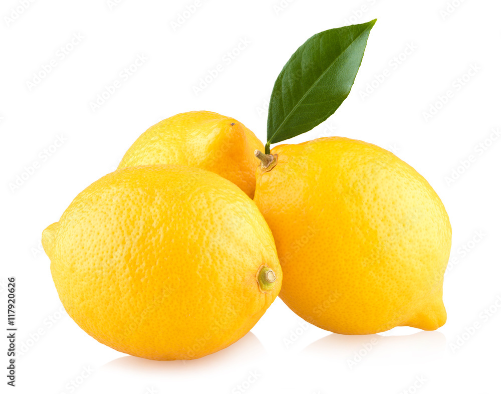 three ripe lemons isolated on white background