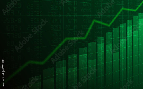 Abstract Business chart with uptrend line graph  bar chart and stock numbers in bull market on dark green background  vector 