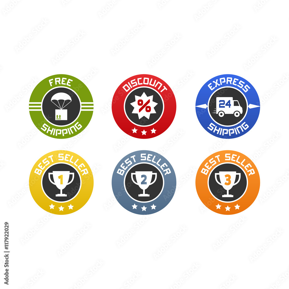 Vector set of flat icons or badges for online selling. Free and express shipping, discount and gold, silver and bronze best seller. Vector set of flat icons or badges for online selling. Free and express shipping, discount and gold, silver and bronze best seller.