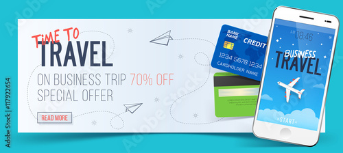 Special offer on business Travel. Business trip banner. Smartphone and credit cards. Air travel concept. Business travel illustration. 70% off.